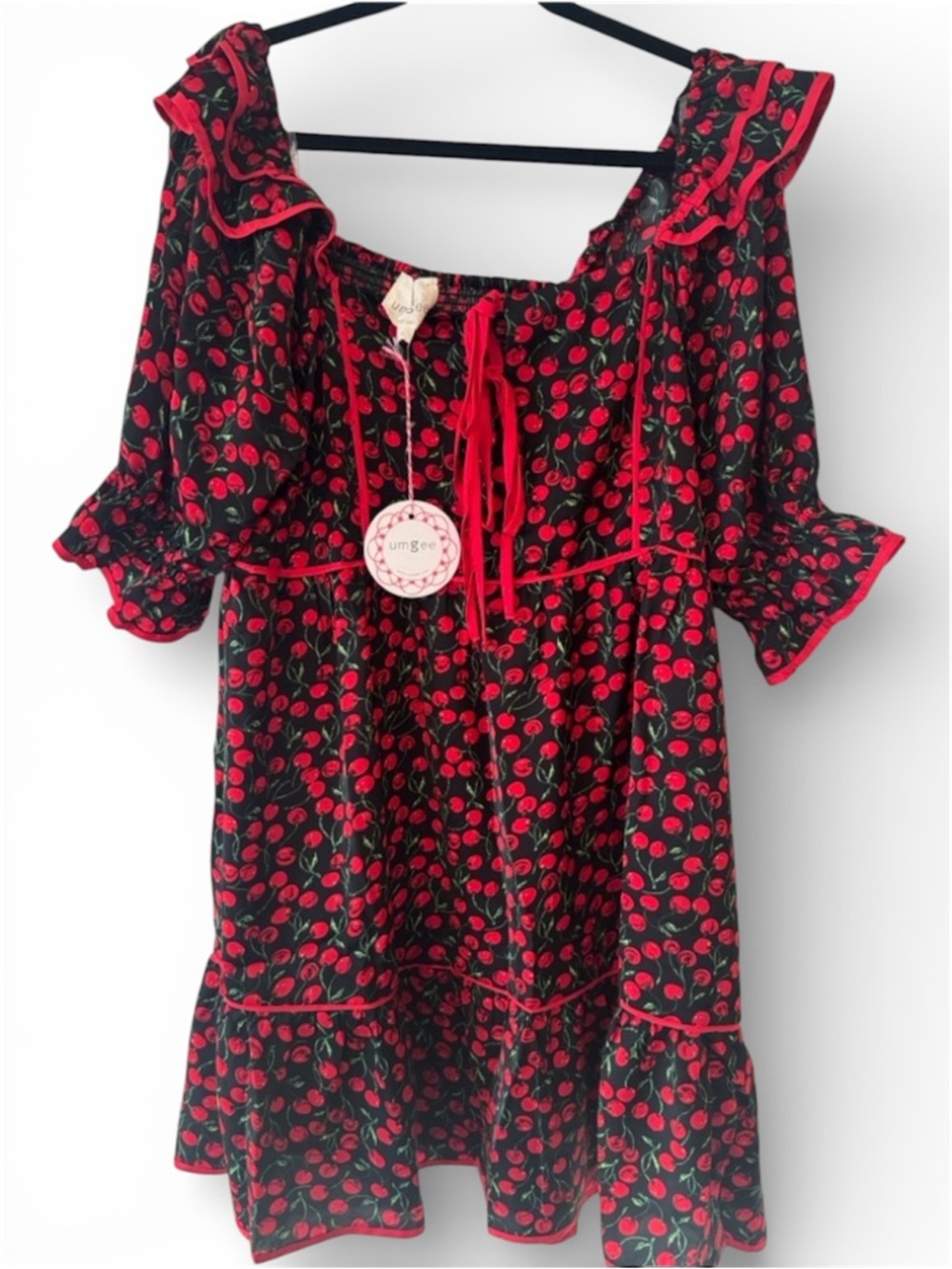 Umgee NWT Black Dress with Red Cherry Print